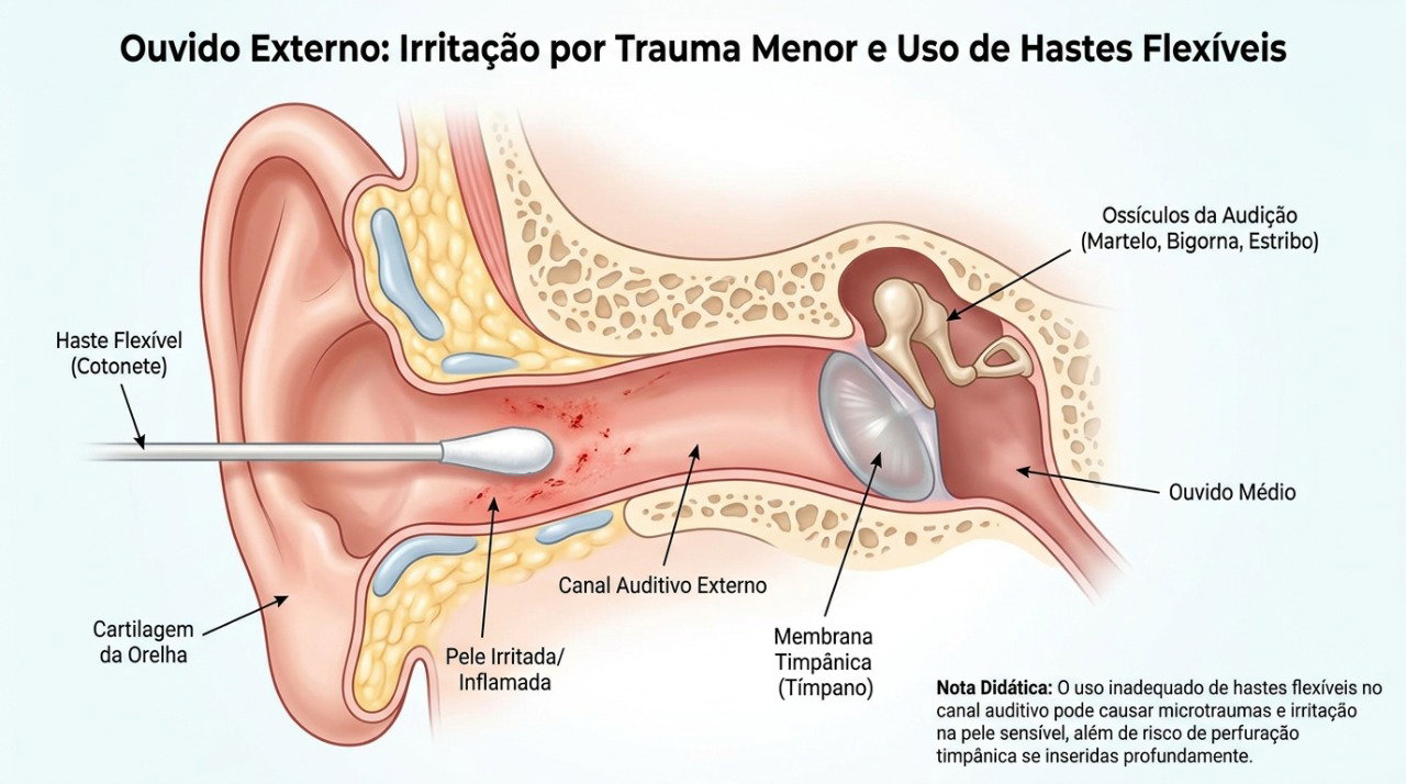 Pequenos traumas no canal auditivo podem favorecer inflamação e otite externa.