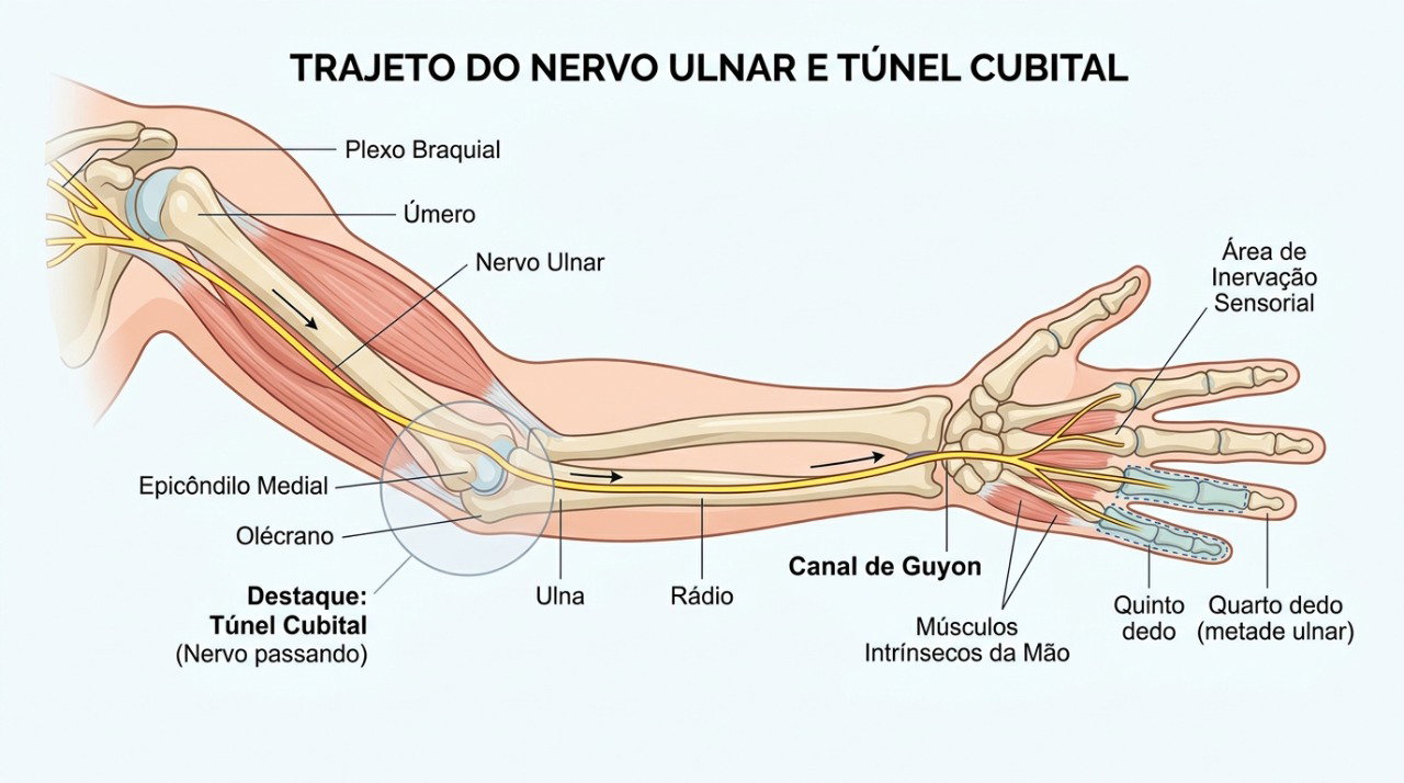 O nervo ulnar passa pelo cotovelo e leva sensibilidade ao mindinho e a parte do dedo anelar.