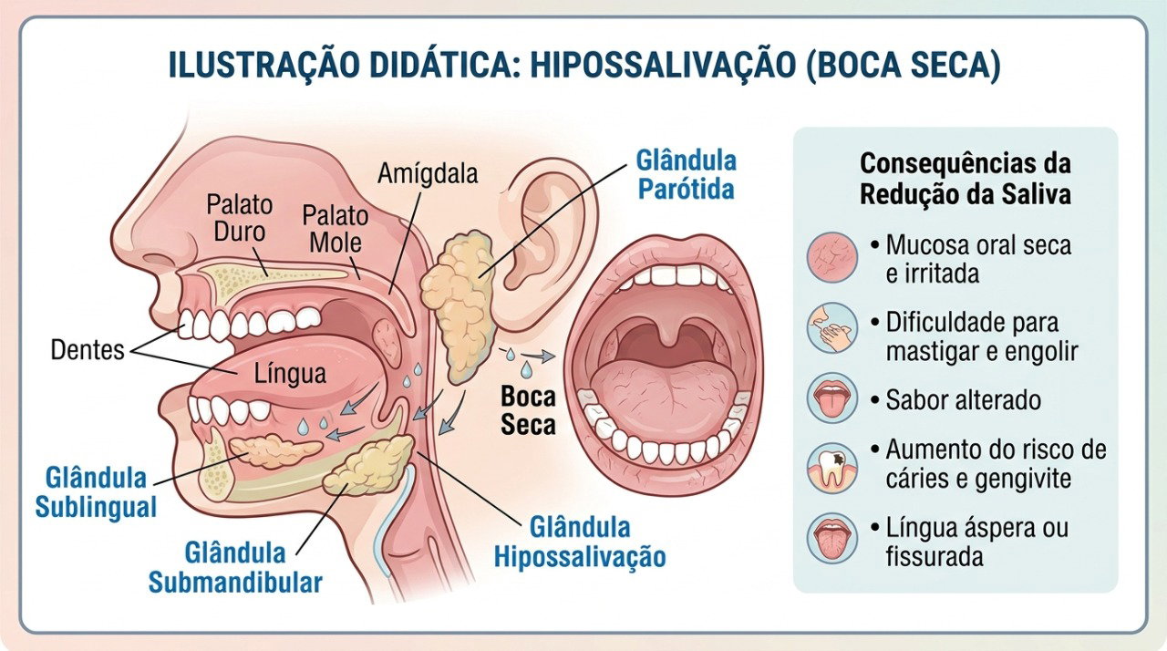 Alguns medicamentos podem reduzir a produção de saliva e favorecer a sensação de boca seca.