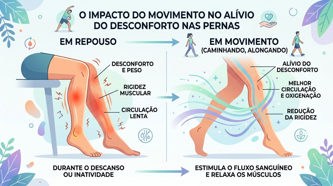 Movimentar ou alongar as pernas pode aliviar temporariamente os sintomas da síndrome das pernas inquietas.