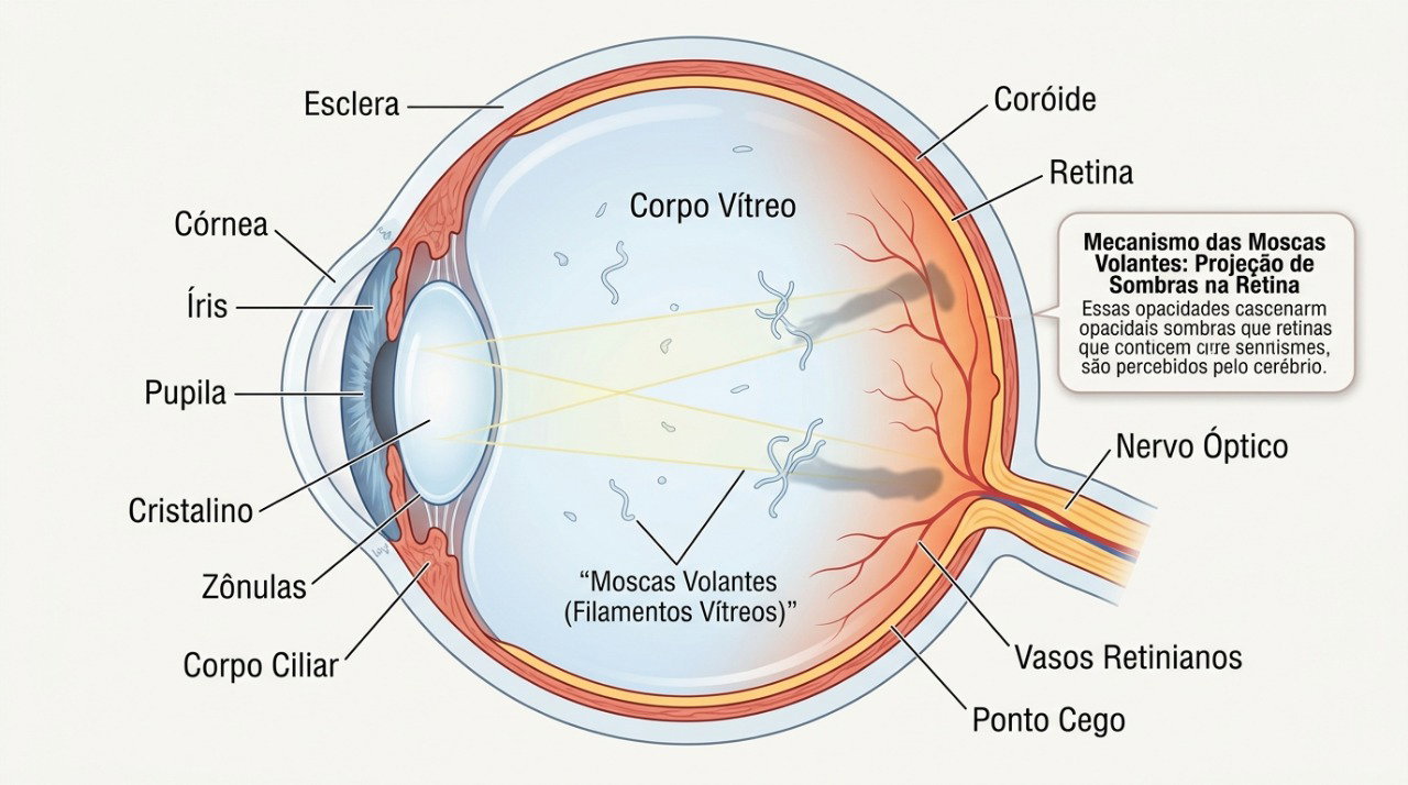 Alterações no vítreo podem projetar sombras sobre a retina e ser percebidas como pontos ou fios na visão.