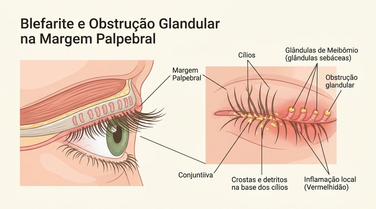 Na blefarite, a inflamação e a obstrução das glândulas das pálpebras podem favorecer crostas e irritação.