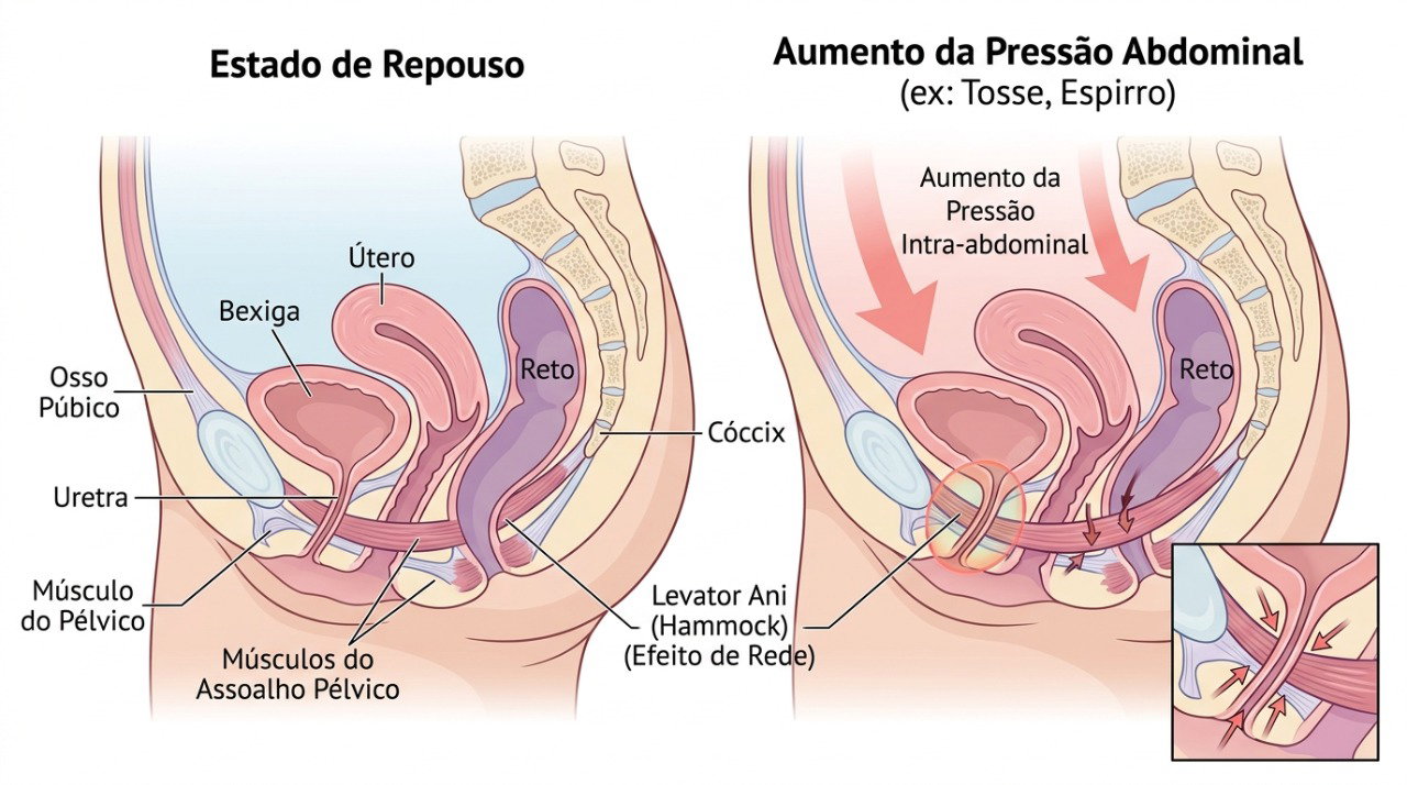 O assoalho pélvico ajuda a sustentar a bexiga e a uretra durante esforços como tossir ou espirrar.