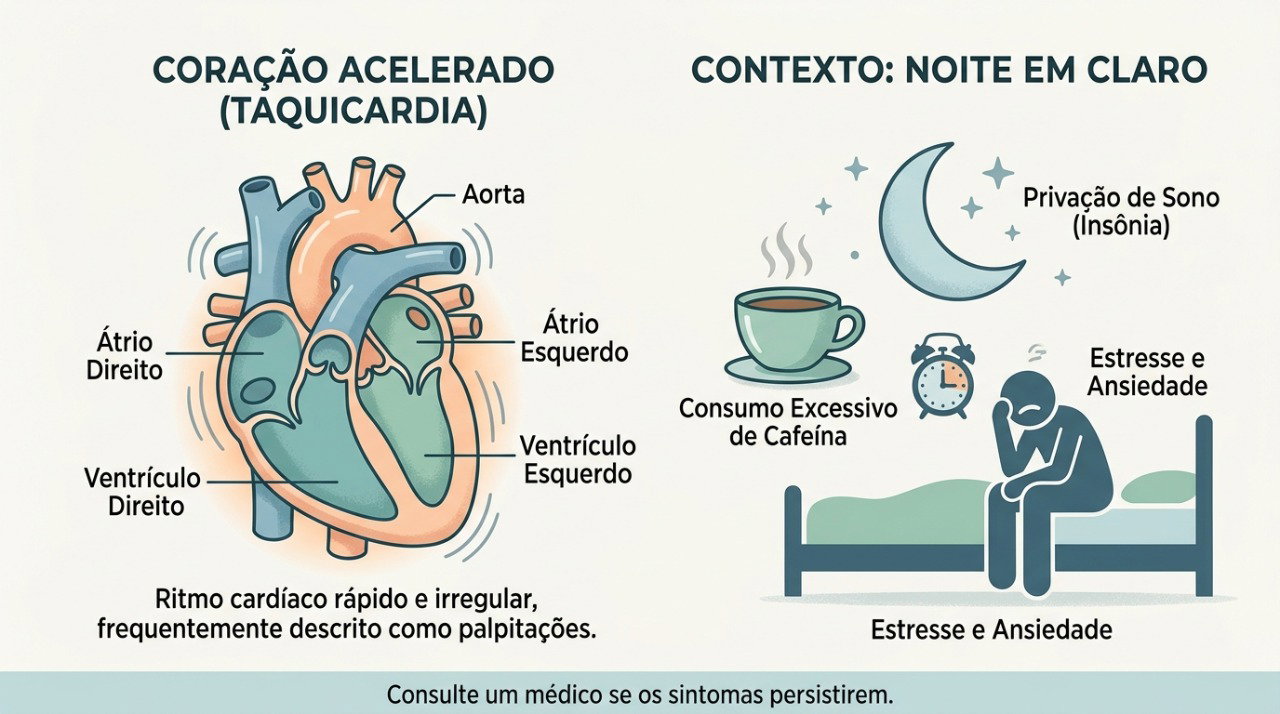 Cafeína e sono insuficiente podem contribuir para palpitações em algumas pessoas.