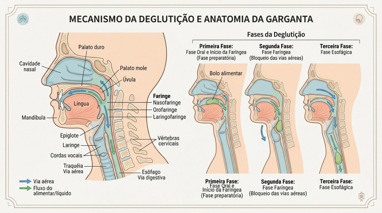 A deglutição precisa conduzir alimentos e líquidos ao esôfago sem que entrem nas vias aéreas.