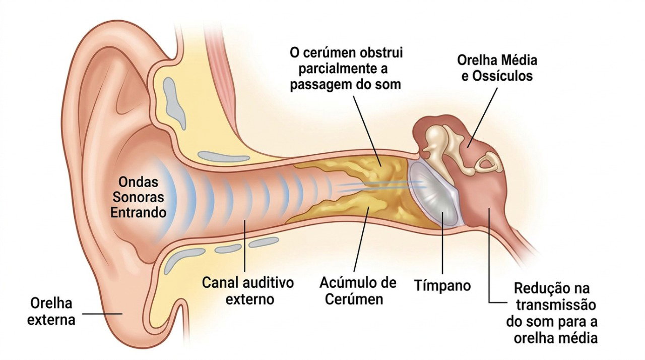 O excesso de cera pode bloquear o canal auditivo e deixar a audição temporariamente abafada.