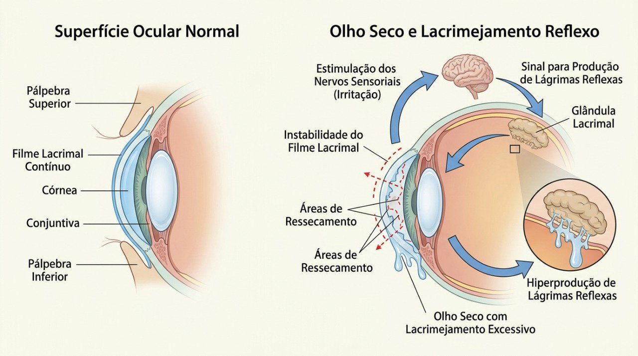 O ressecamento da superfície ocular pode estimular lacrimejamento reflexo como resposta à irritação.