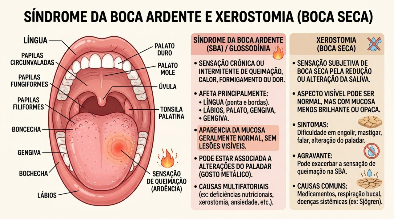 A síndrome da boca ardente pode causar queimação na língua mesmo sem alterações visíveis na mucosa.