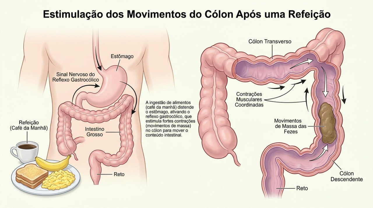 Comer pela manhã pode estimular os movimentos do cólon e facilitar a evacuação.