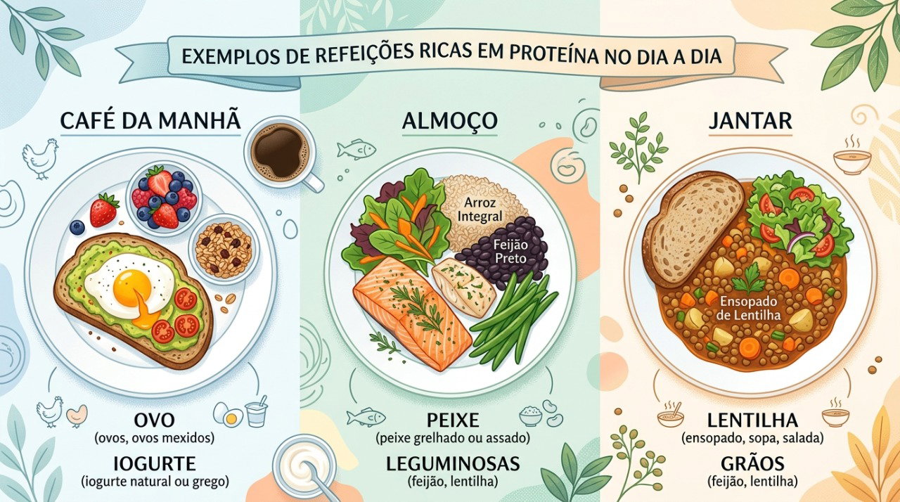 Incluir proteína em diferentes refeições ajuda a distribuir melhor o consumo ao longo do dia.