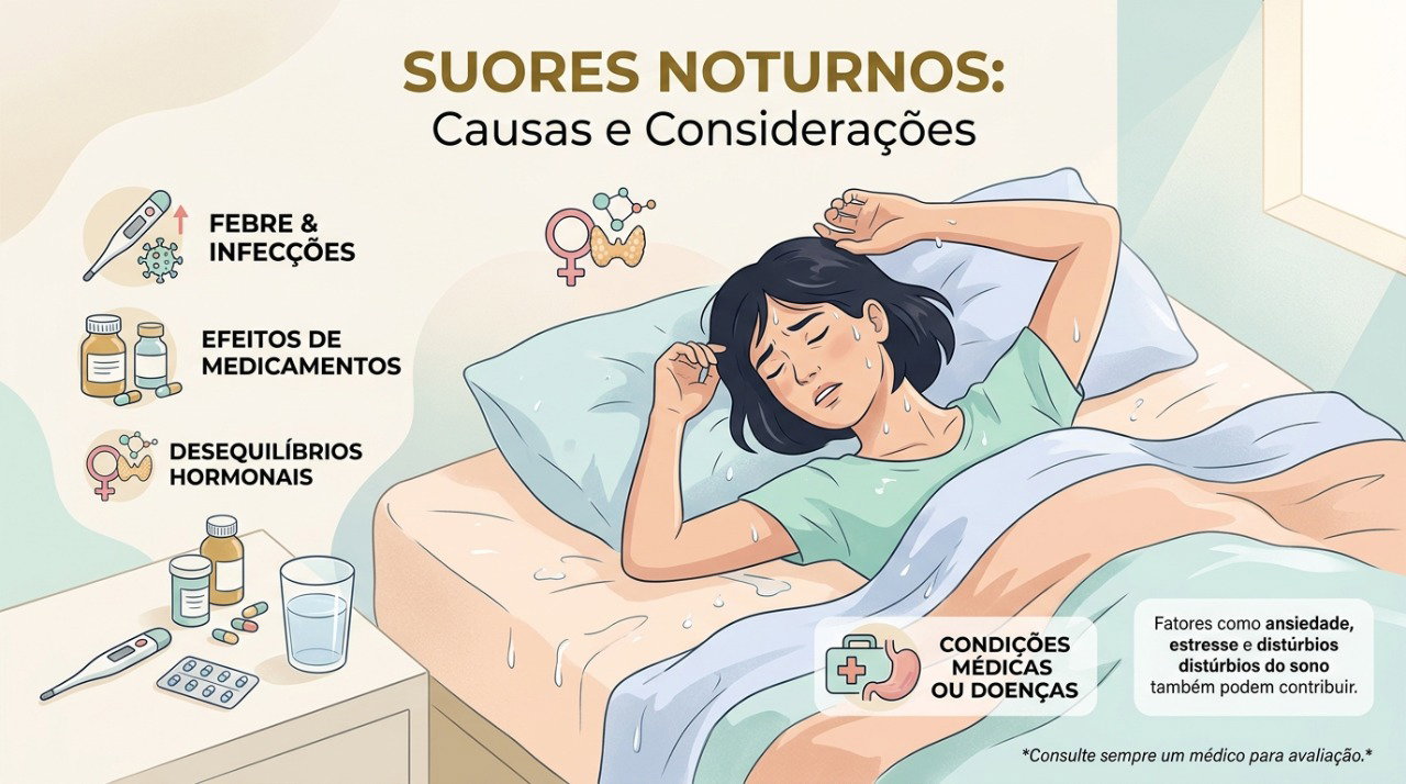 Suores noturnos recorrentes podem ter relação com fatores hormonais, medicamentos e outras condições de saúde.