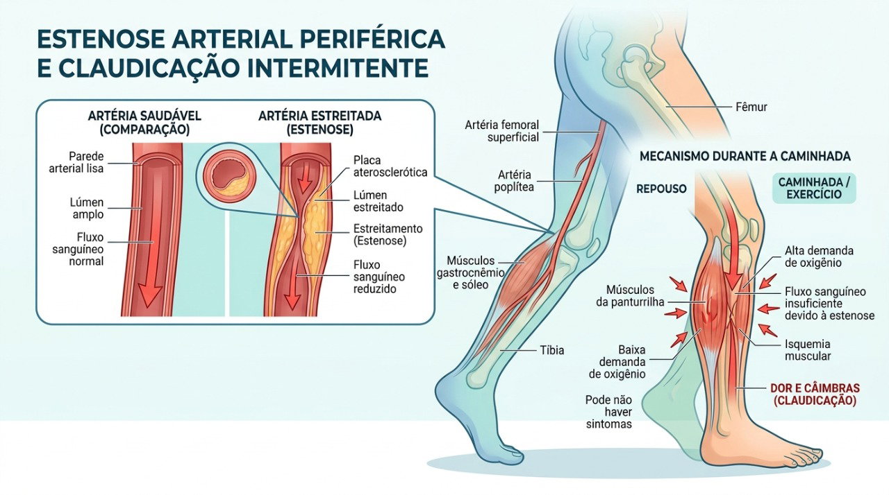 O estreitamento das artérias pode reduzir o fluxo de sangue para a panturrilha durante o esforço.
