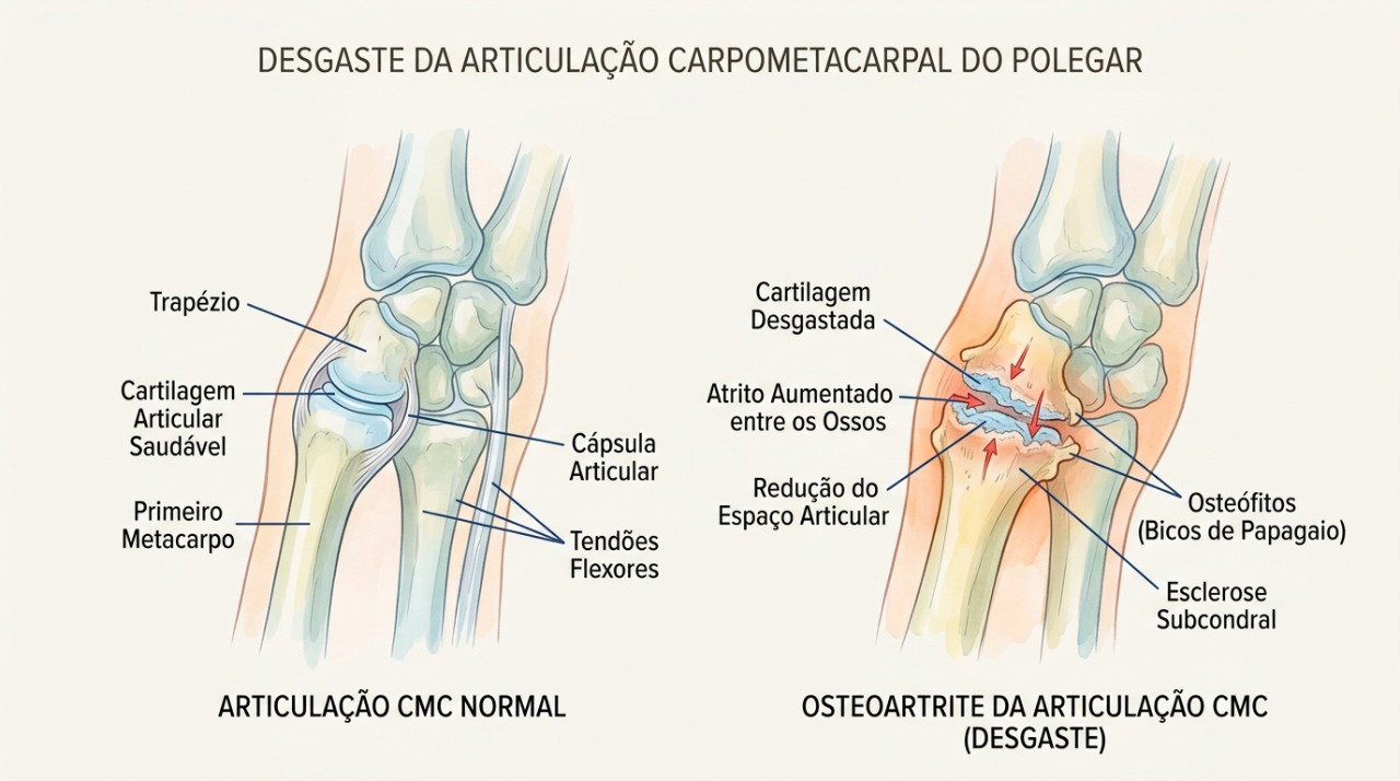 O desgaste na articulação da base do polegar pode causar dor, rigidez e perda de força.