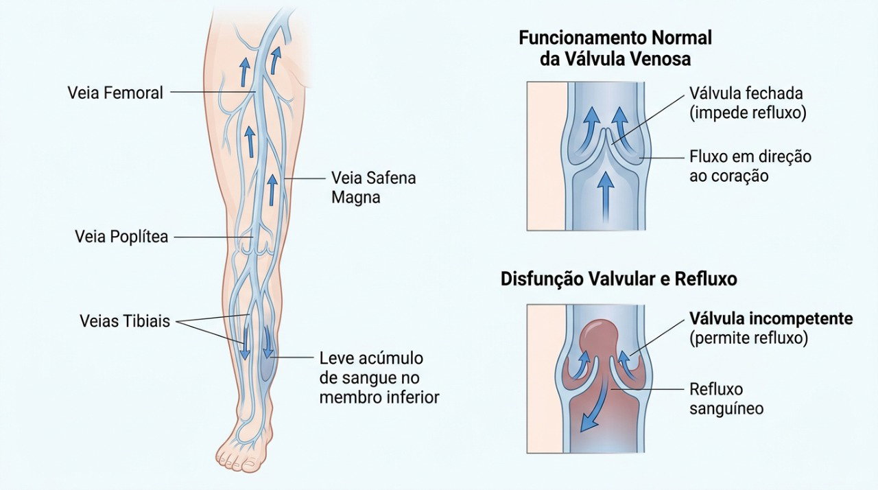 Quando as válvulas das veias funcionam mal, o sangue pode se acumular nas pernas e causar peso e inchaço.