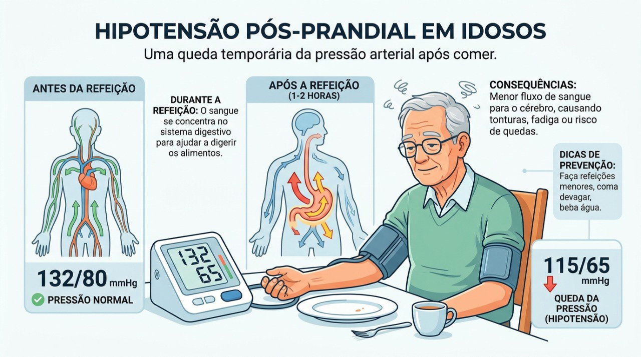 A hipotensão pós-prandial pode causar tontura, fraqueza e visão turva após comer.