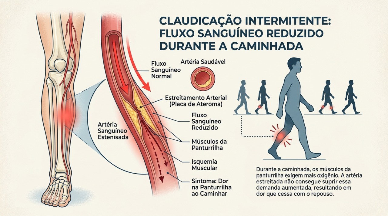 O estreitamento das artérias pode reduzir o fluxo de sangue para a panturrilha durante o esforço.