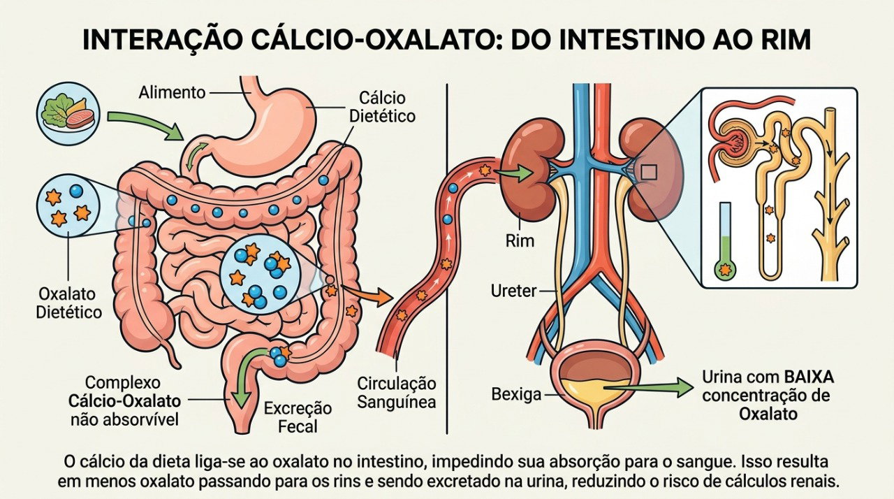 O cálcio ingerido nas refeições pode reduzir a absorção intestinal de oxalato em casos específicos.
