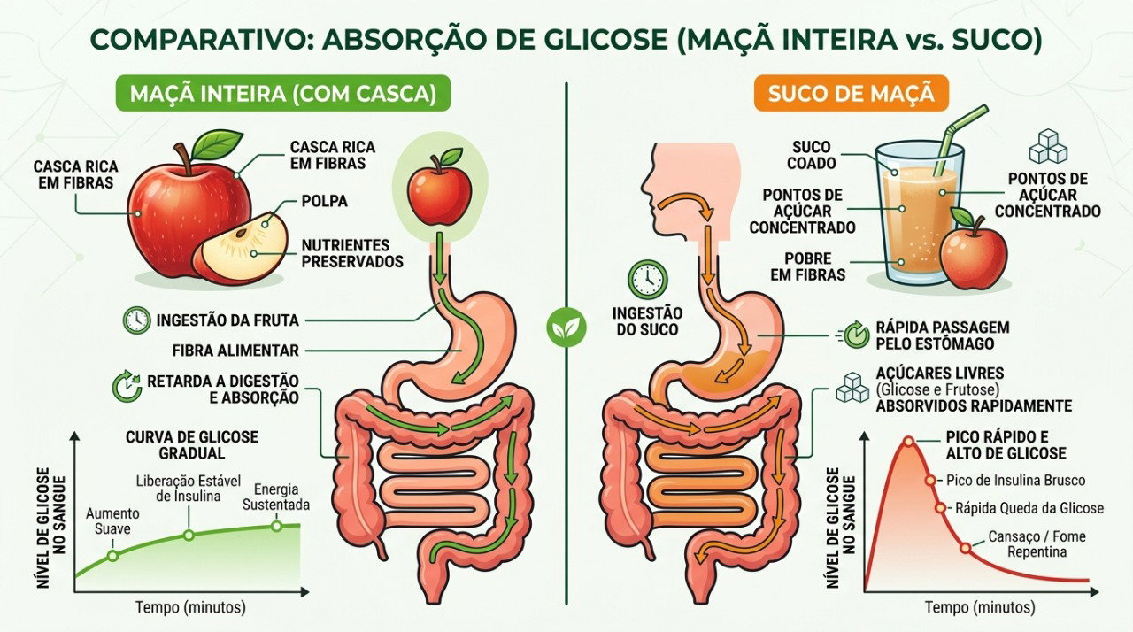 A presença de fibras e a mastigação fazem da fruta inteira uma opção mais saciante.