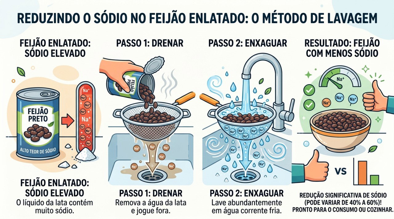 Escorrer e lavar o feijão enlatado é uma estratégia simples para diminuir o excesso de sódio.