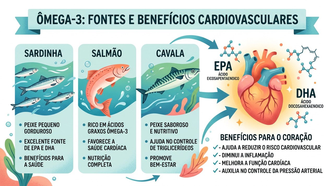 Peixes gordurosos fornecem EPA e DHA, tipos de ômega-3 associados à saúde cardiovascular.
