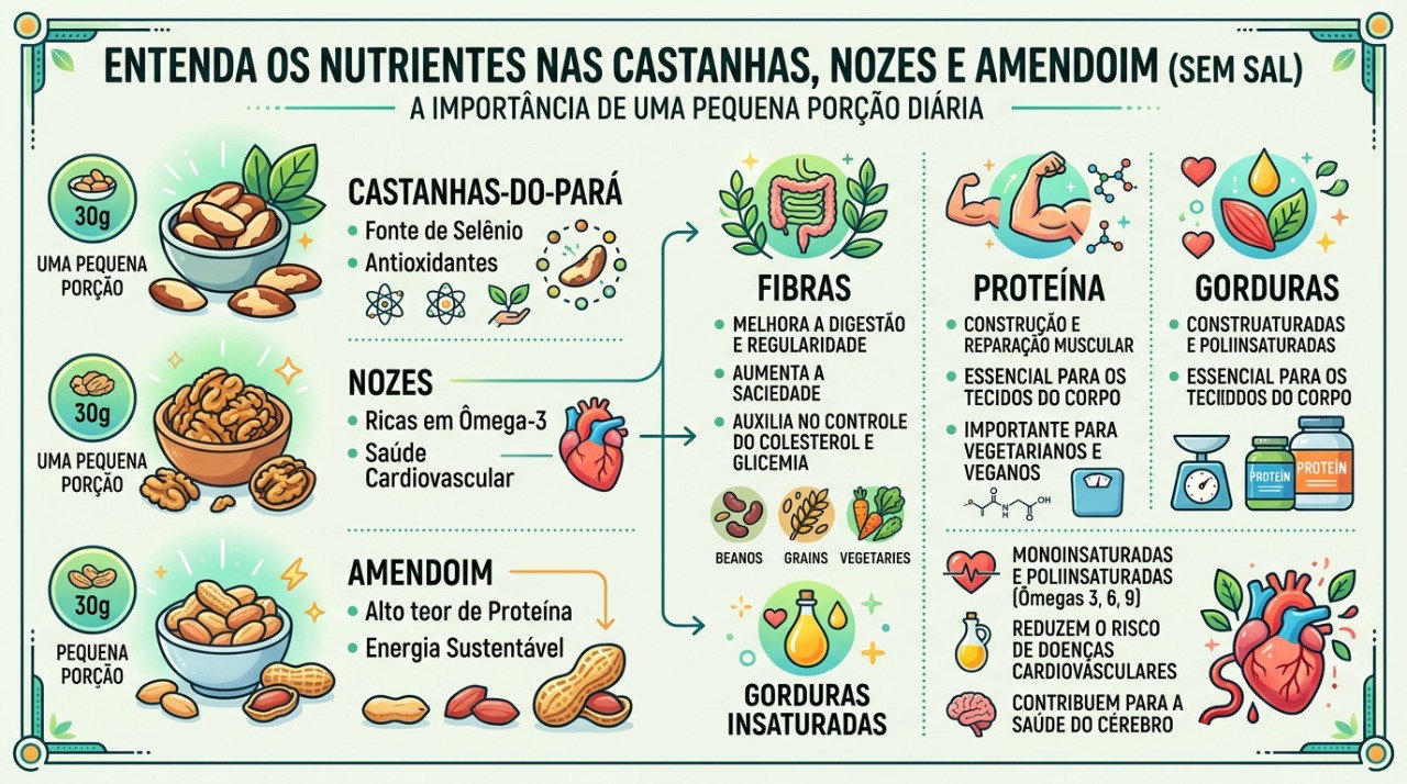 Oleaginosas fornecem fibras, proteína vegetal e gorduras insaturadas que ajudam na saciedade.