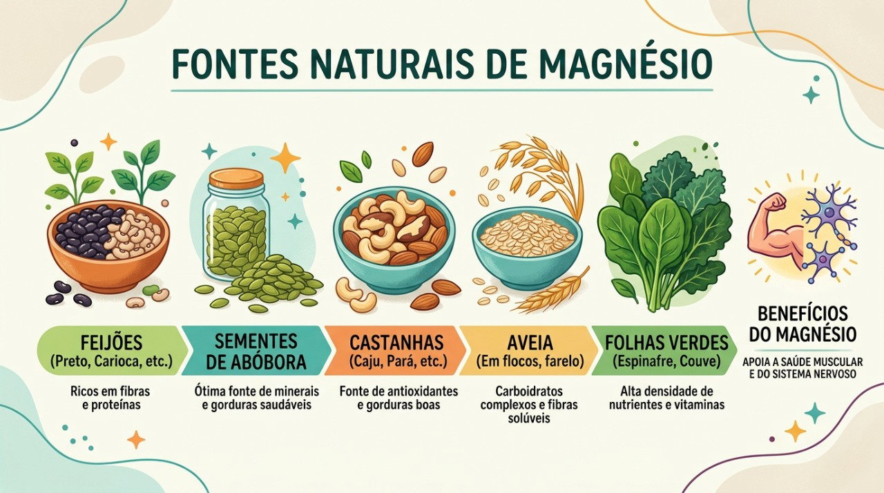 Leguminosas, sementes, grãos integrais e folhas verdes estão entre as principais fontes alimentares de magnésio.