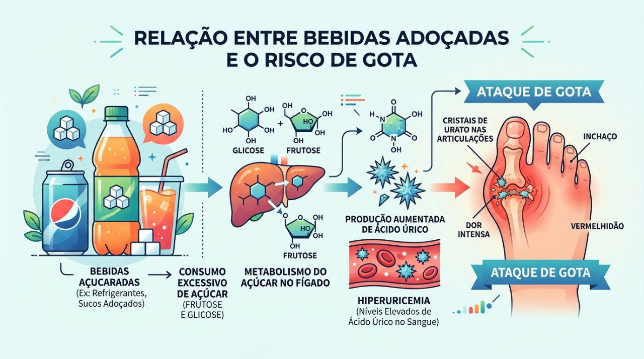 Bebidas açucaradas podem favorecer o aumento do ácido úrico e o risco de crises de gota.