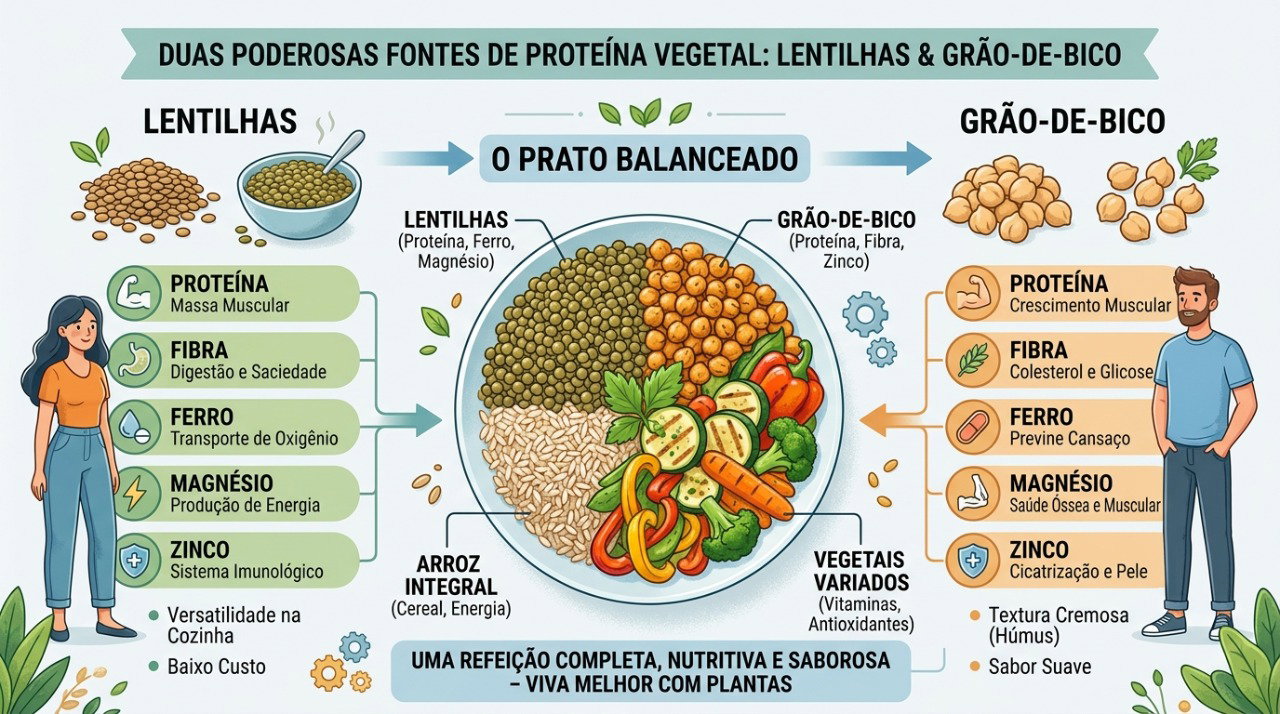 Leguminosas fornecem proteína vegetal, fibras e minerais importantes para uma alimentação variada.