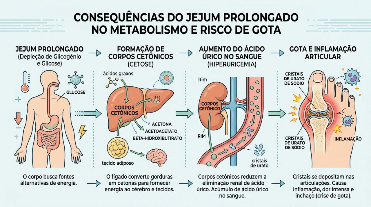 Jejum e cetose podem dificultar o controle do ácido úrico e favorecer crises de gota.