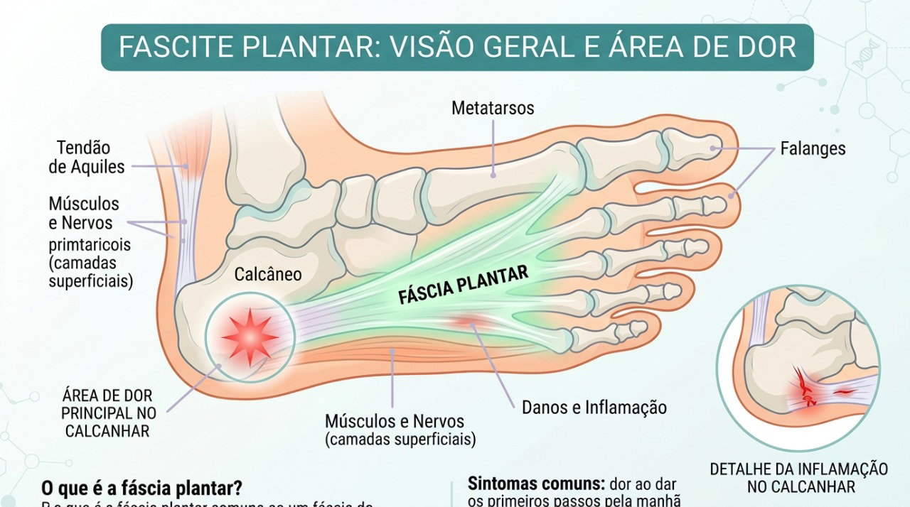 A fáscia plantar percorre a sola do pé e pode causar dor próxima ao calcanhar quando está sobrecarregada.