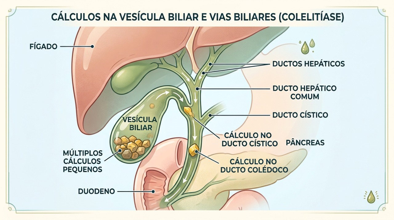 Pedras na vesícula podem dificultar a saída da bile e provocar episódios de cólica biliar.