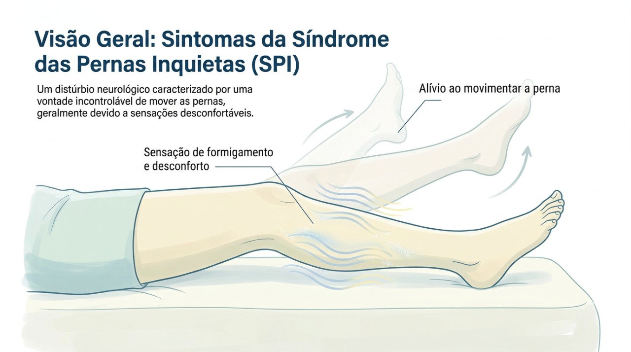 O desconforto da síndrome das pernas inquietas tende a surgir no repouso e melhorar com o movimento.