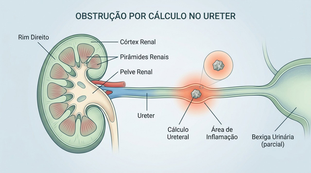 Uma pedra no ureter pode provocar cólica intensa e alterações ao urinar.