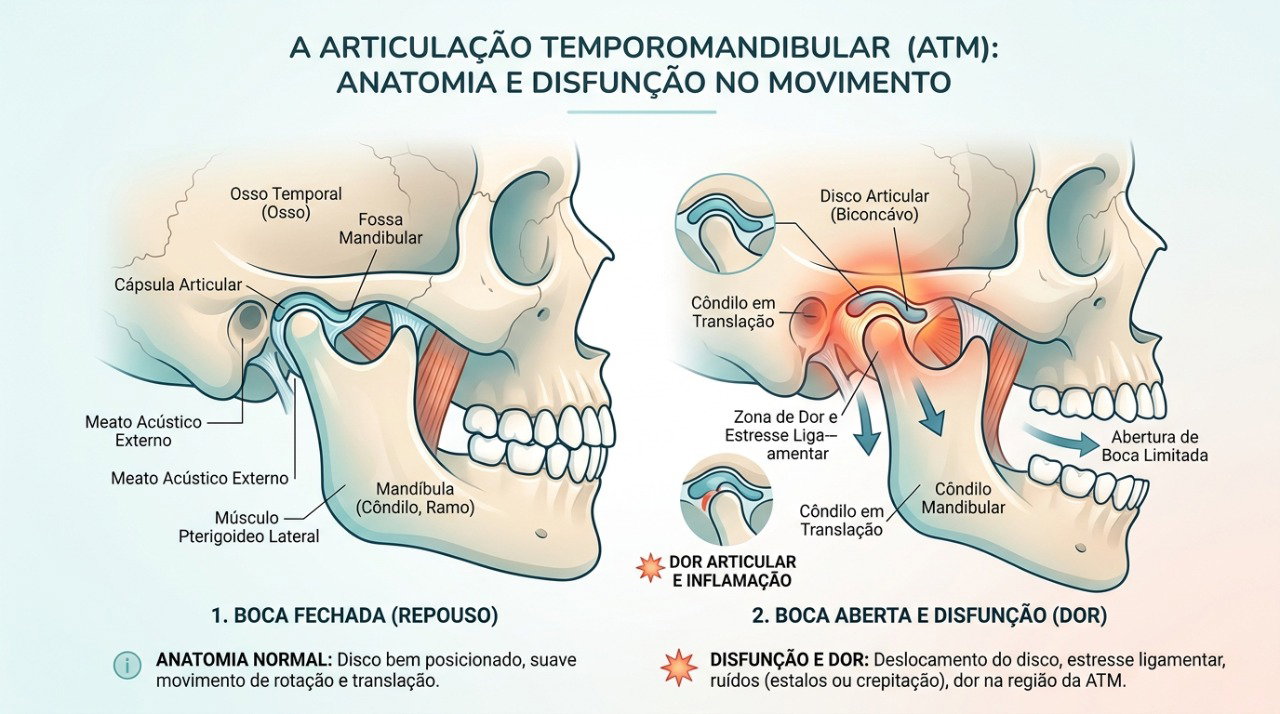 Alterações na articulação temporomandibular podem causar estalos, dor e dificuldade para movimentar a mandíbula.