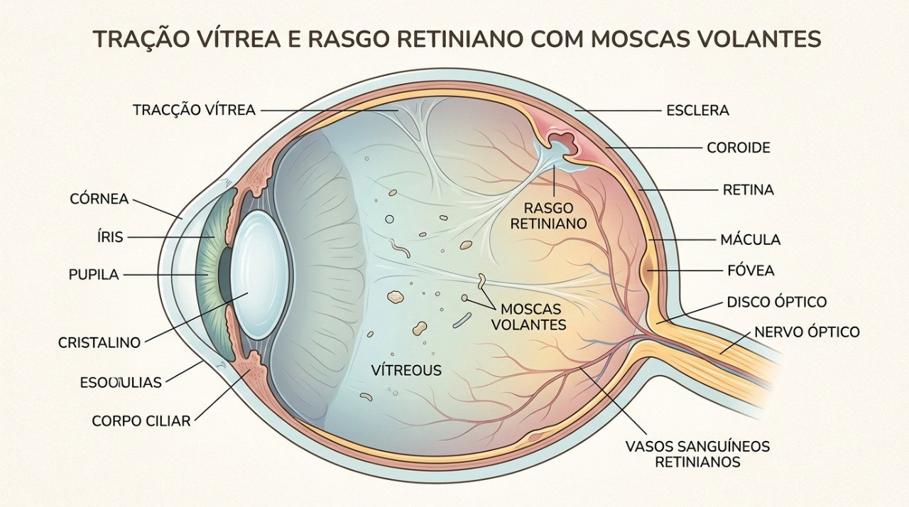 A tração do vítreo pode provocar rasgos na retina e causar moscas volantes e flashes repentinos.
