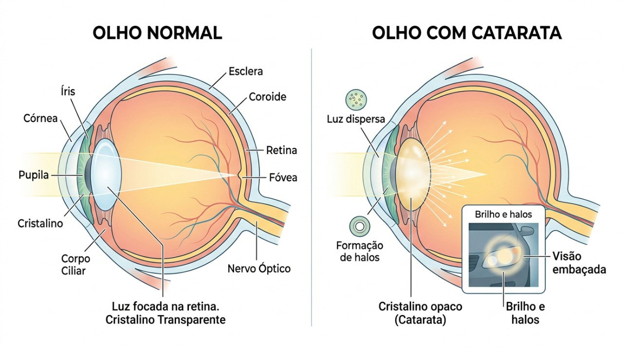 A opacidade do cristalino pode espalhar a luz e dificultar a visão em ambientes escuros.