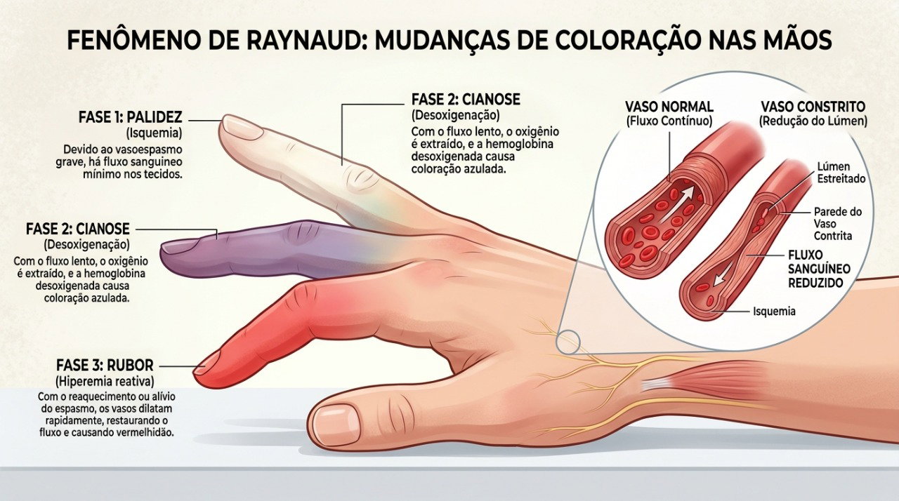 No fenômeno de Raynaud, a contração temporária dos vasos pode alterar a cor dos dedos.