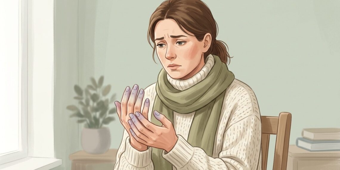 Dedos que mudam de cor no frio podem apresentar um padrão compatível com fenômeno de Raynaud.