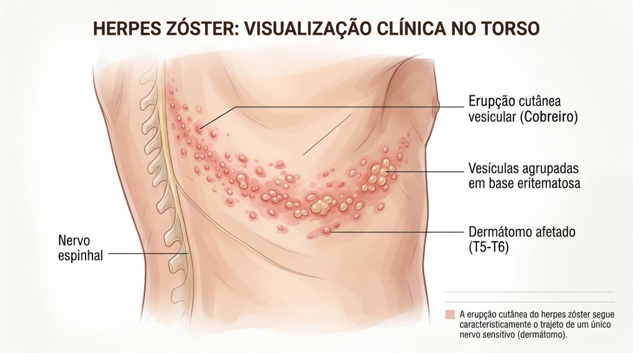 O herpes-zóster costuma formar bolhas em faixa acompanhando o trajeto de um nervo.