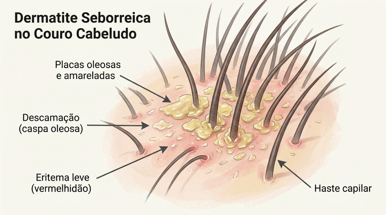 Placas oleosas, descamação e vermelhidão são sinais comuns da dermatite seborreica.