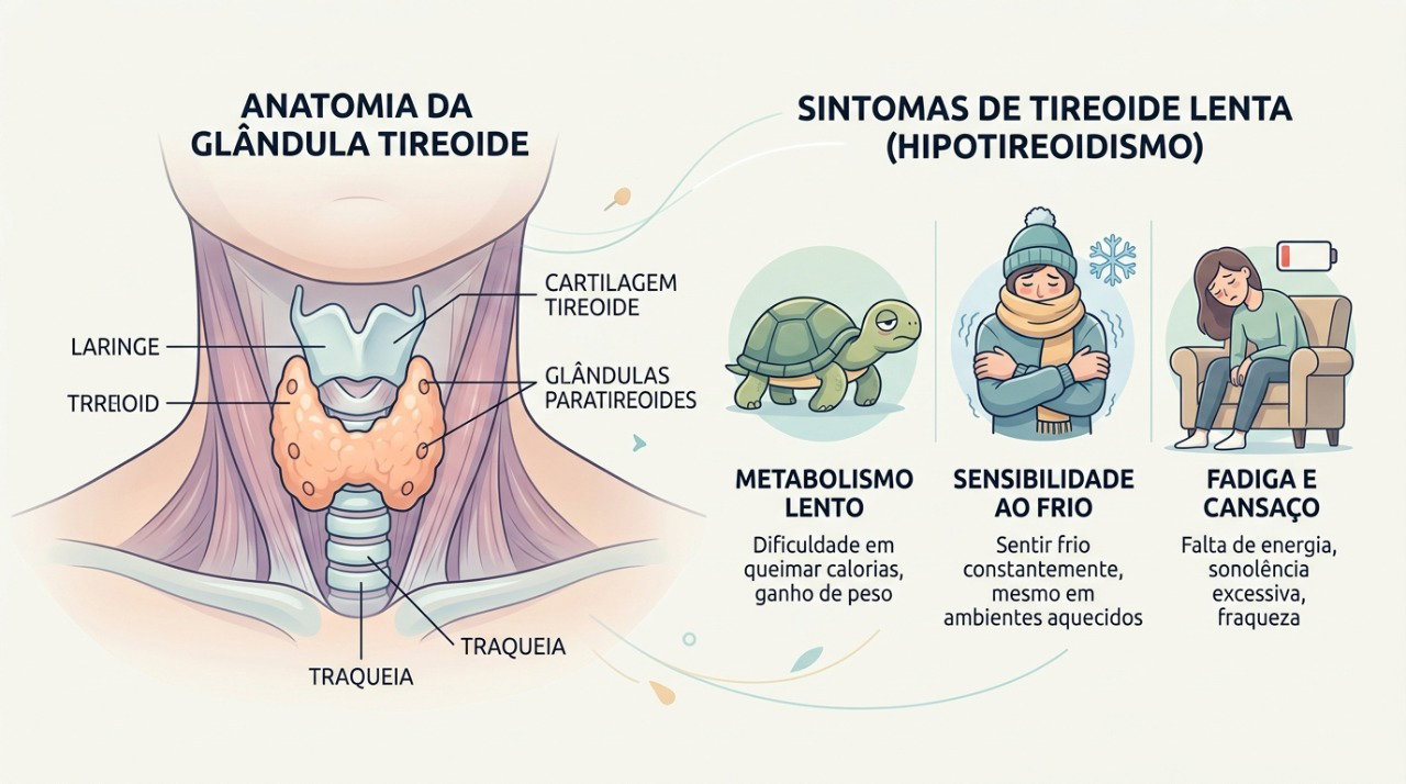 A tireoide produz hormônios que ajudam a regular o metabolismo e o gasto de energia do organismo.