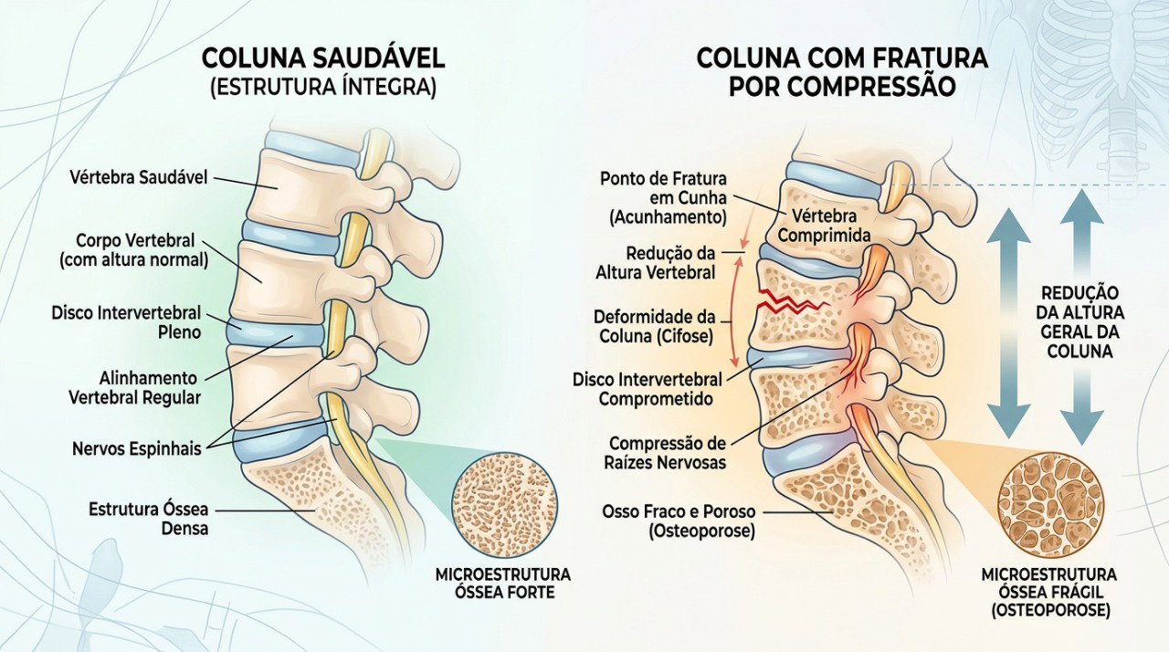 Fraturas por compressão nas vértebras podem contribuir para perda de altura e postura encurvada.