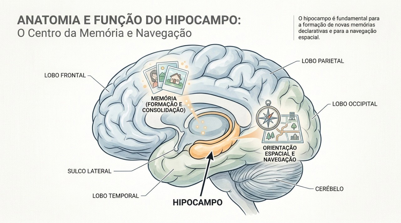O hipocampo participa de funções relacionadas à memória e à orientação espacial.