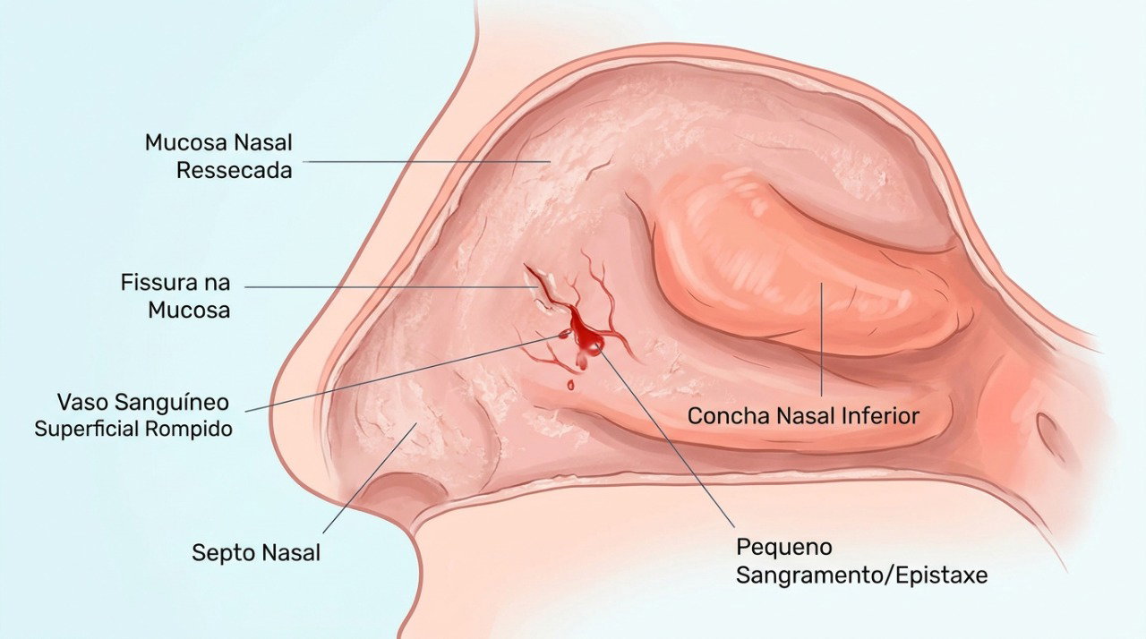 O ressecamento da mucosa nasal pode causar pequenas fissuras e favorecer sangramentos.