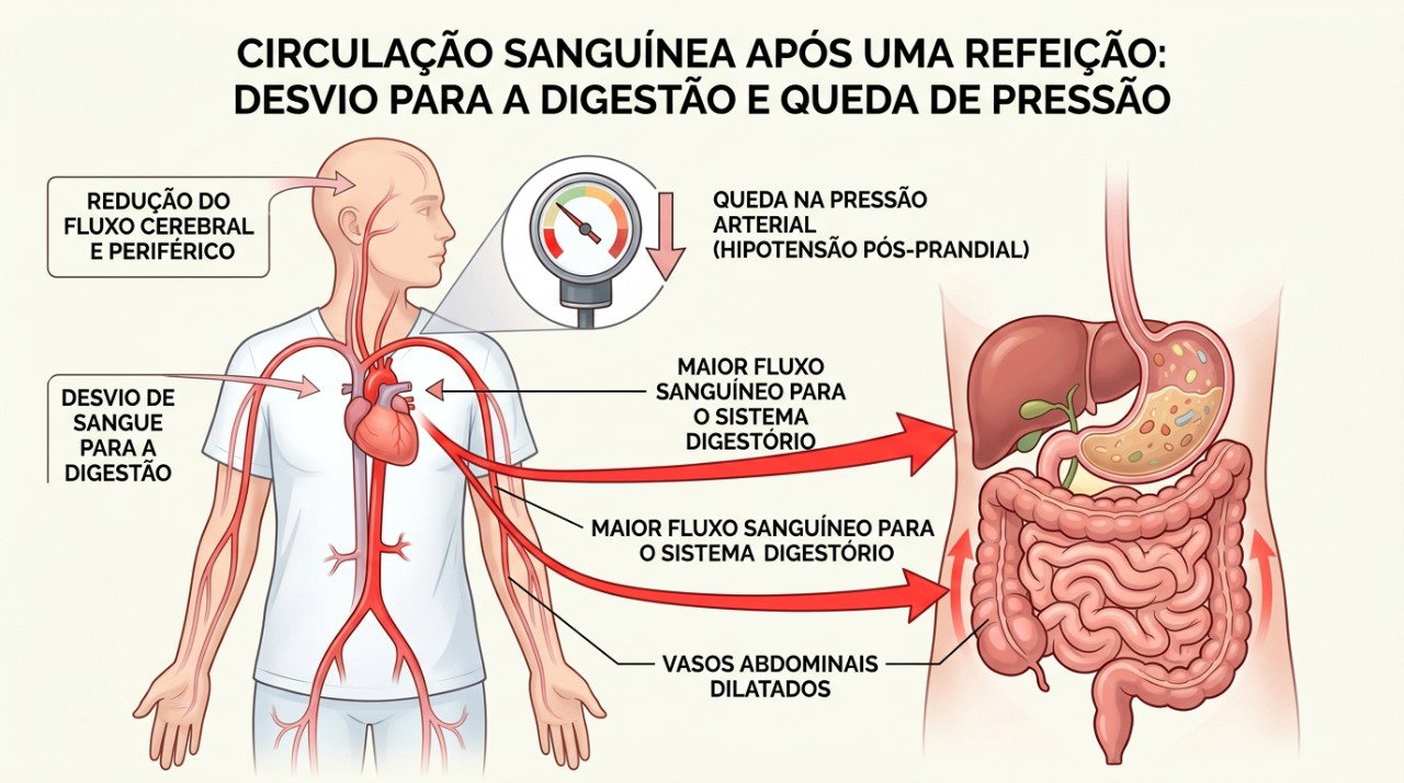 Na hipotensão pós-prandial, a pressão pode cair quando o organismo não compensa adequadamente o fluxo de sangue para a digestão.