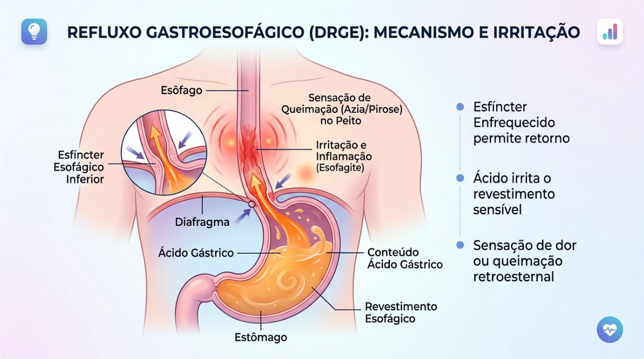 O refluxo pode causar queimação quando o conteúdo do estômago retorna para o esôfago.