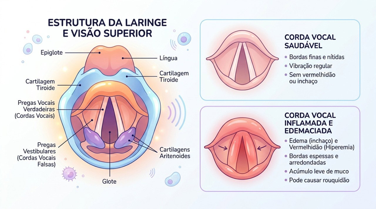 Inflamação e inchaço das cordas vocais podem alterar sua vibração e deixar a voz rouca.