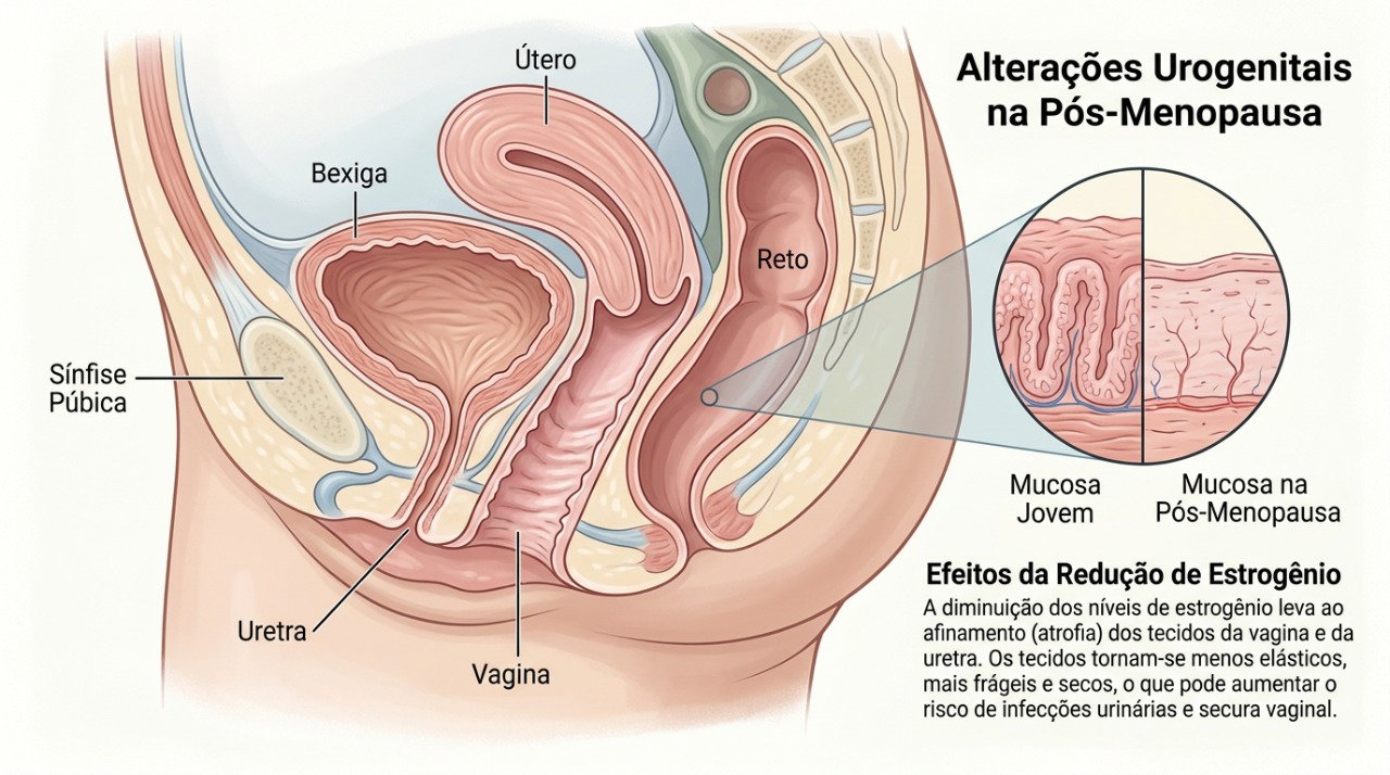 A queda do estrogênio pode deixar os tecidos vaginais e urinários mais finos, secos e sensíveis.