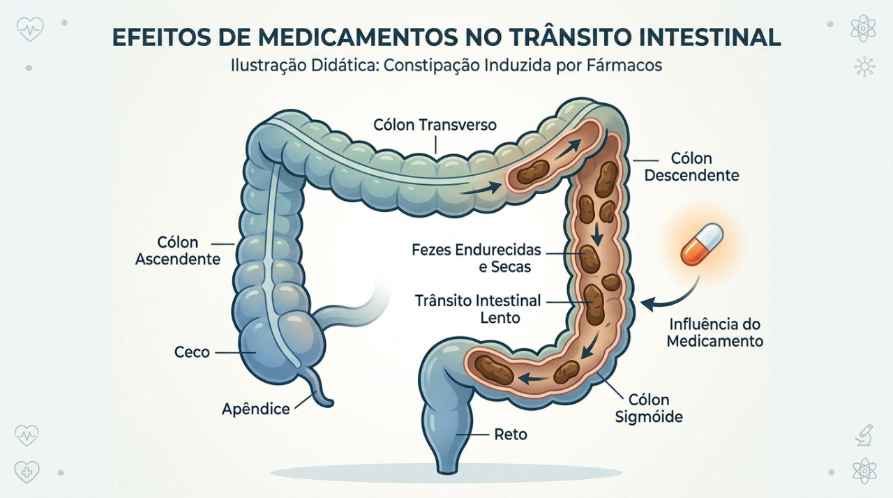 Alguns medicamentos podem reduzir o trânsito intestinal e favorecer fezes mais duras e ressecadas.