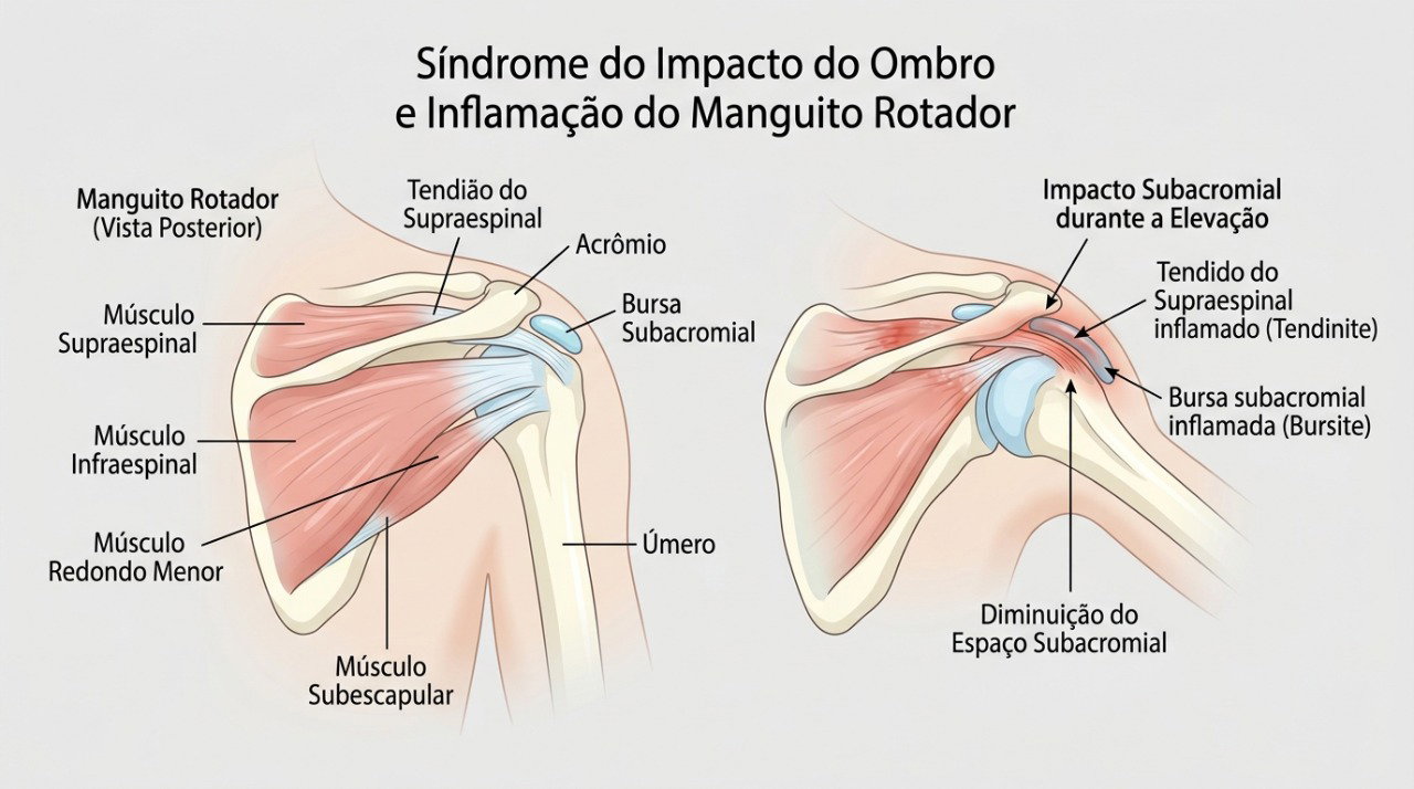 Tendões e bursas irritados podem causar dor durante movimentos de elevação do braço.